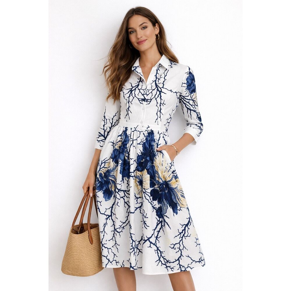 Samantha Sung Audrey Floral Print Blue and White Cotton Knee Length Sz 6 Dress